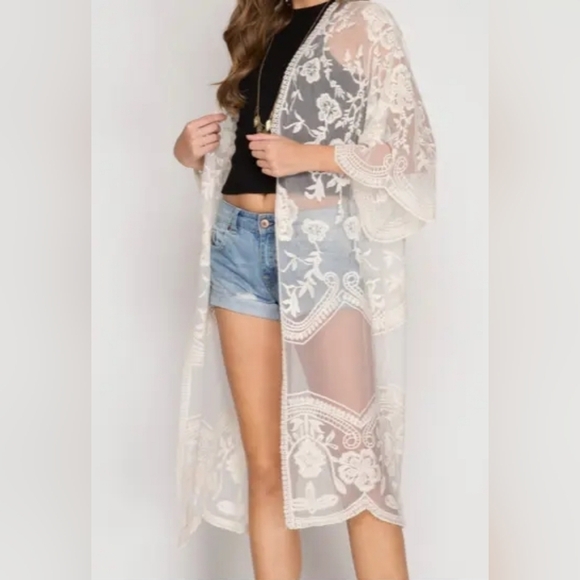 ADIVA OPEN FRONT LACE LONG CARDIGAN KIMONO - Picture 1 of 8